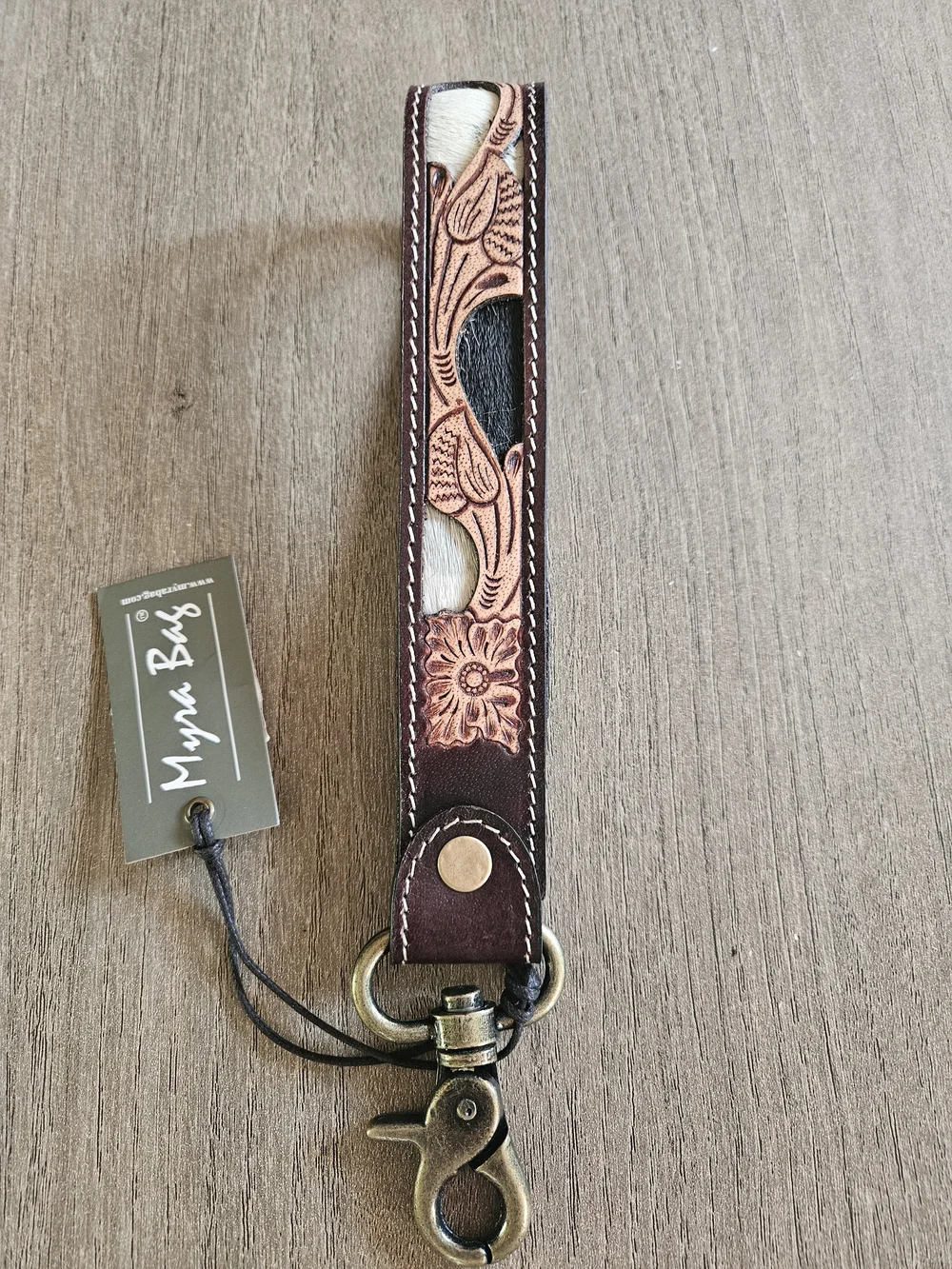Myra Bag Floral Tooled Leather Wrist Strap - Brown, Tan, White, Black